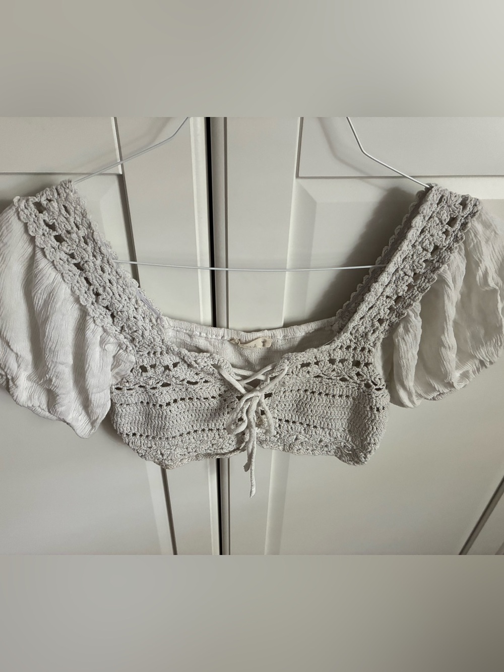 ILLA ILLA Crochet Lace-Up Crop Top - Off-White